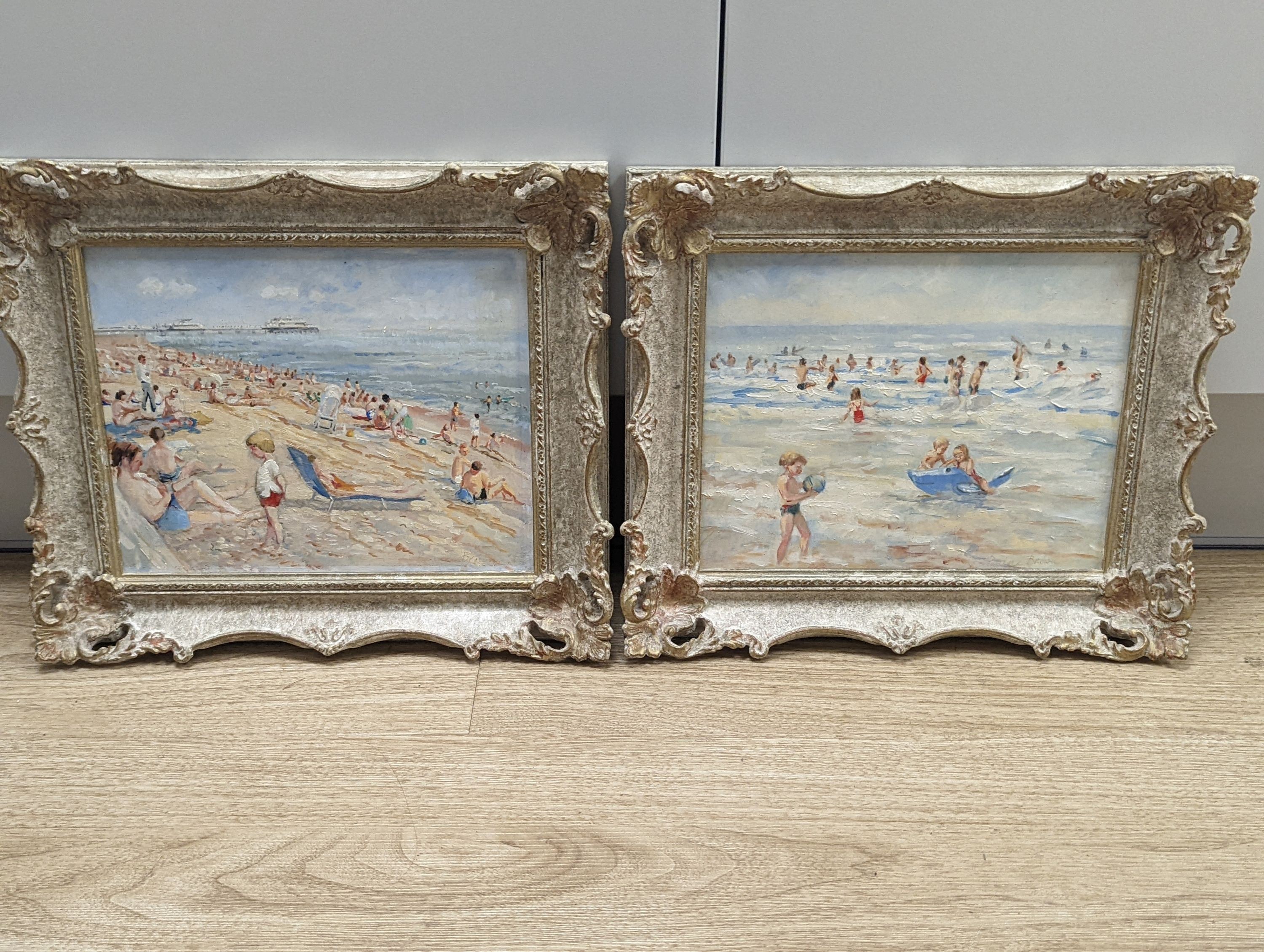 Pauline Brown (b.1926), pair of oil on boards, depicting Brighton Summer beach-scapes, signed, 19 x 24cm